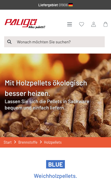 Tablet mit geöffneter PALIGO-Webseit Tablet mit geöffneter PALIGO-Webseite, die Holzpellets bewirbt. Im Vordergrund ein Bild von Holzpellets und der Text: 'Mit Holzpellets ökologisch besser heizen. Lassen Sie sich die Pellets in Sackware bequem und einfach liefern.