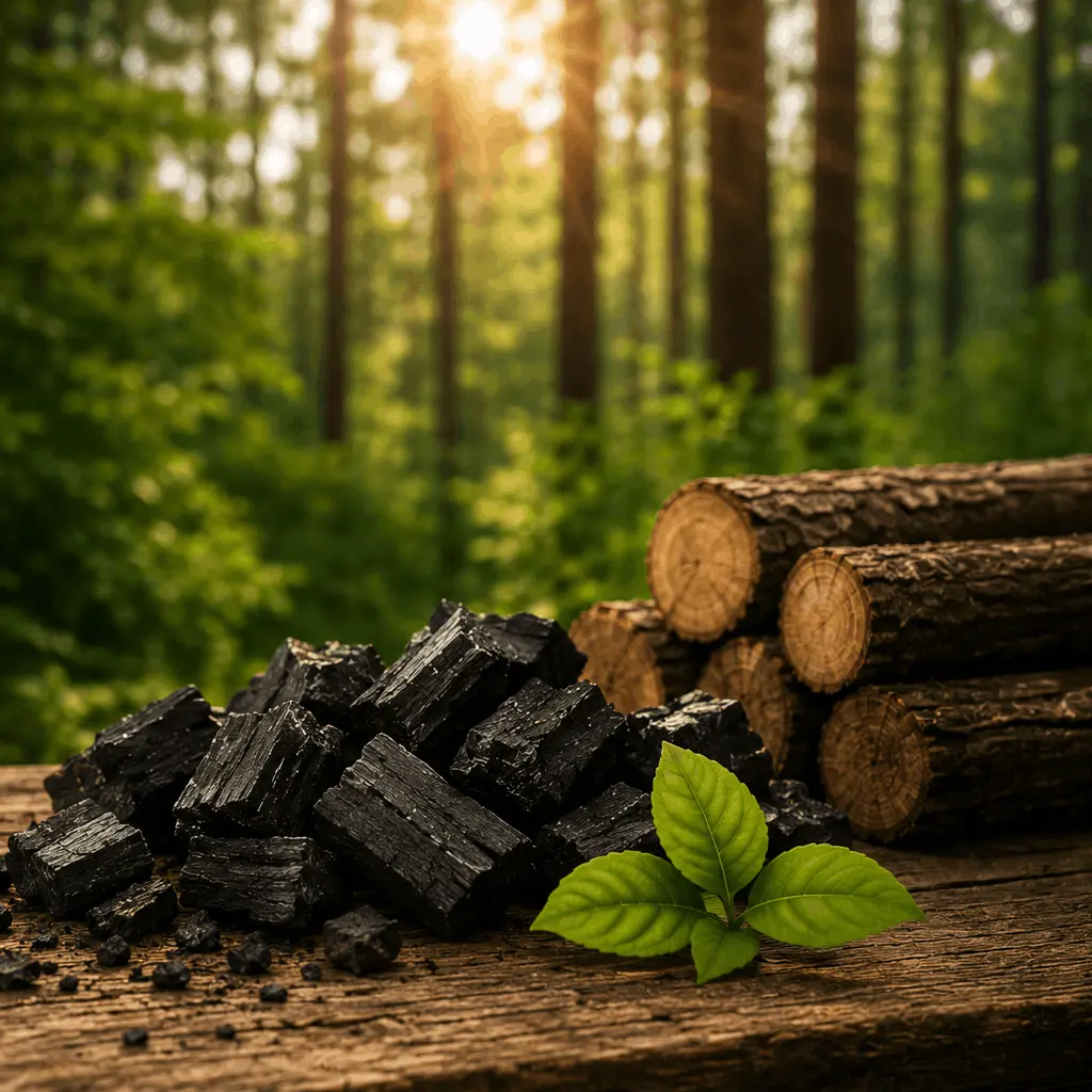 Grillholzkohle und gestapelte Rundhölzer auf einem Holztisch vor einem Wald